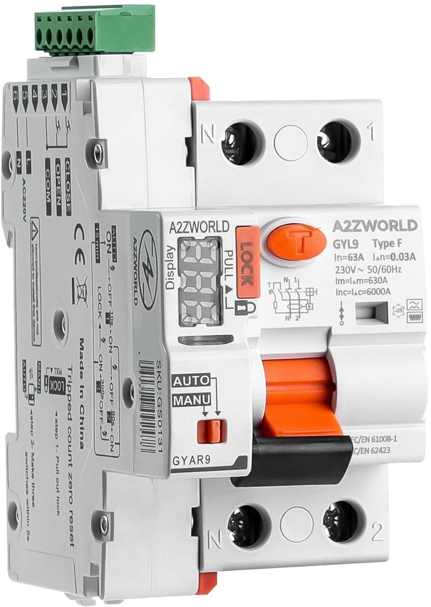 Differentiaalschakelaar - Aardlekschakelaar - Elektrische Beveiliging - Automatische Terugstelling - 3 DIN Modules