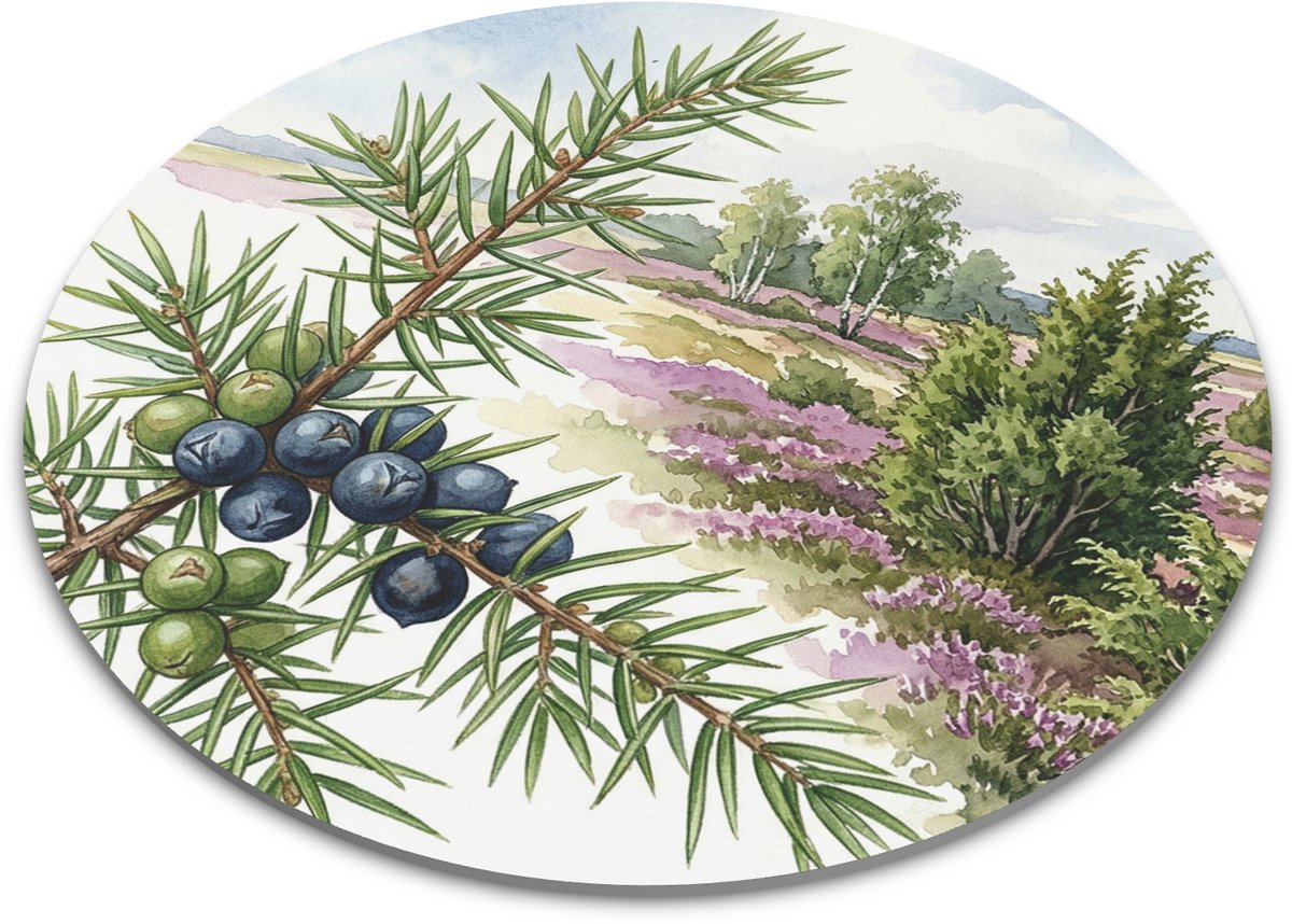 Ronde Muismat - Jeneverbes (Juniperus communis) Botanische Print - Aquarel Series - Blauwe Bessen en Paarse Heide Natuur Tekening - Kantoor & Thuiswerkplek Bureau Accessoire Cadeau voor haar: Vrouw, Vriendin & Collega