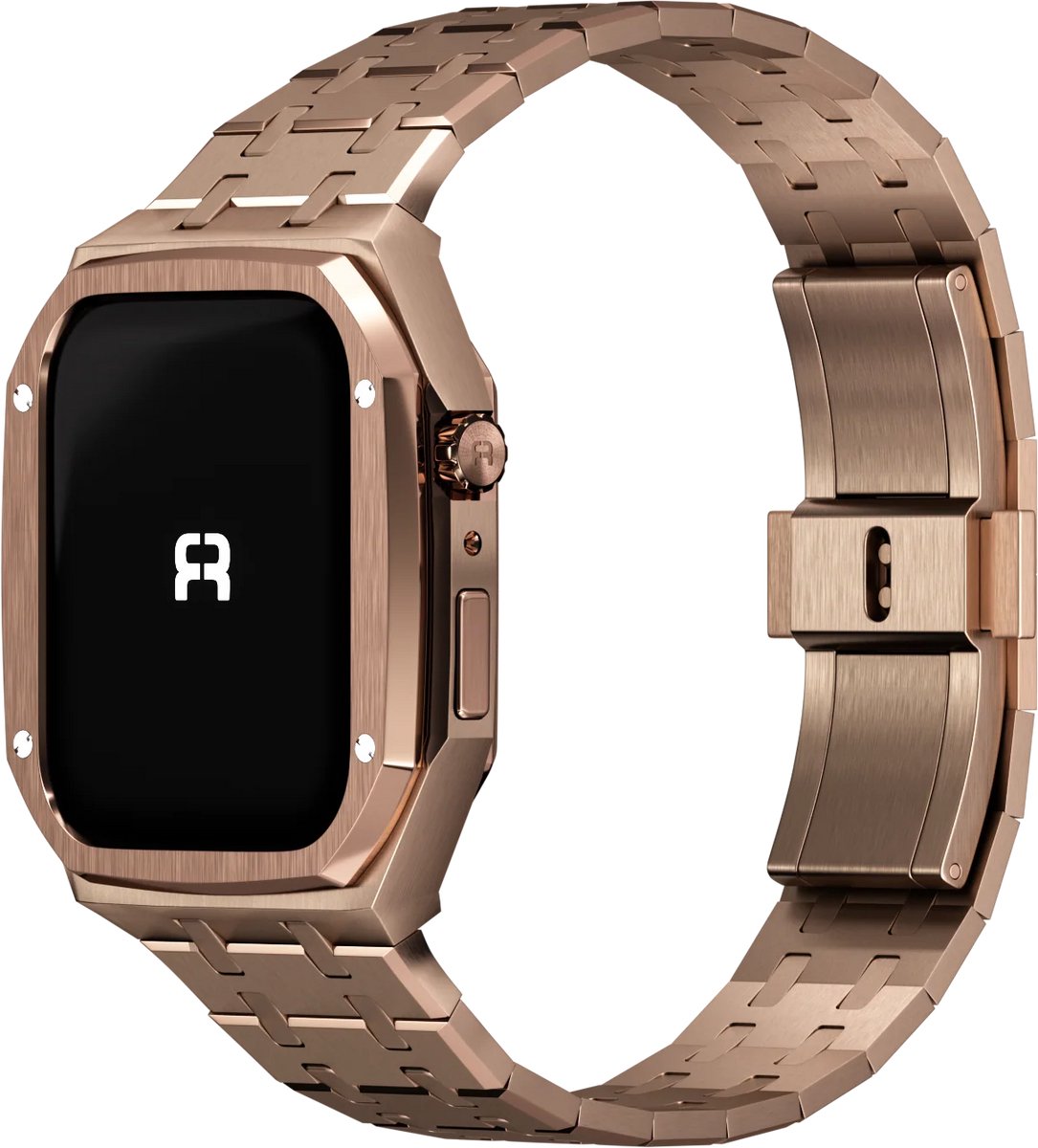 Reqior Case met stalen bandje RVS – geschikt voor Apple Watch 7 45mm / Apple Watch 8 45mm / Apple Watch 9 45mm – luxe, stevig – Rose Gold