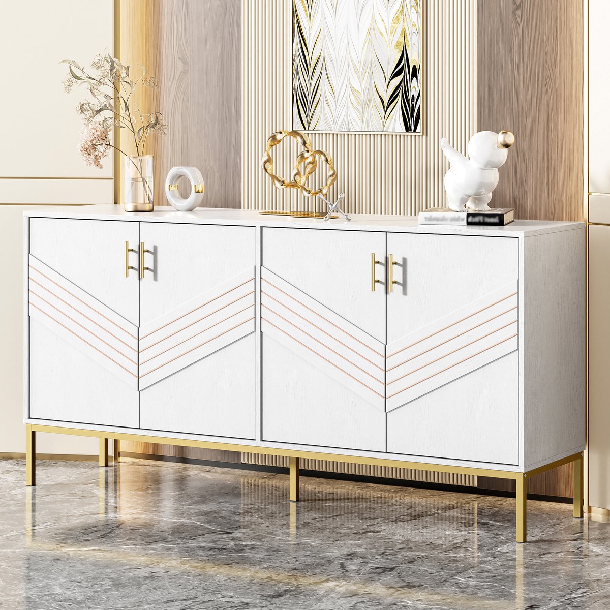 Wishdor Dressoir Met 4 Deuren - Verstelbare Legplanken - Modern - MDF - Wit Met Houtnerf