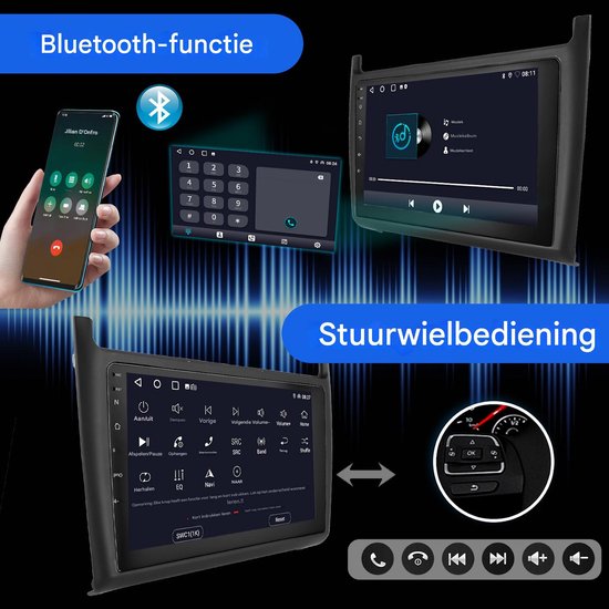 ESSGOO autoradio met Bluetooth-functie, inclusief telefoonboek en nummertoetsenbord, en stuurbediening.