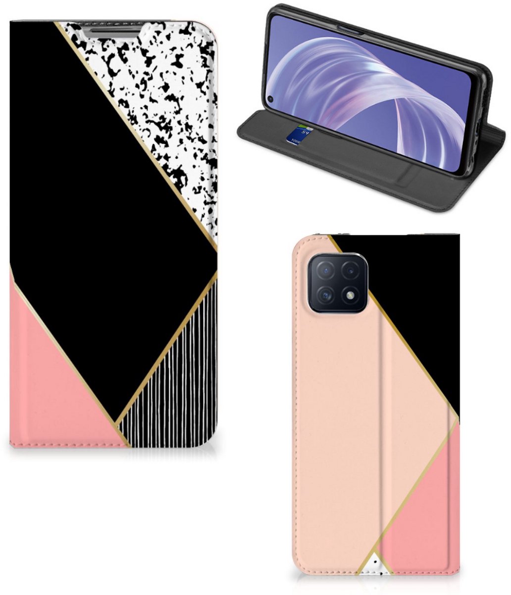 OPPO A73 5G Stand Case Zwart Roze Vormen