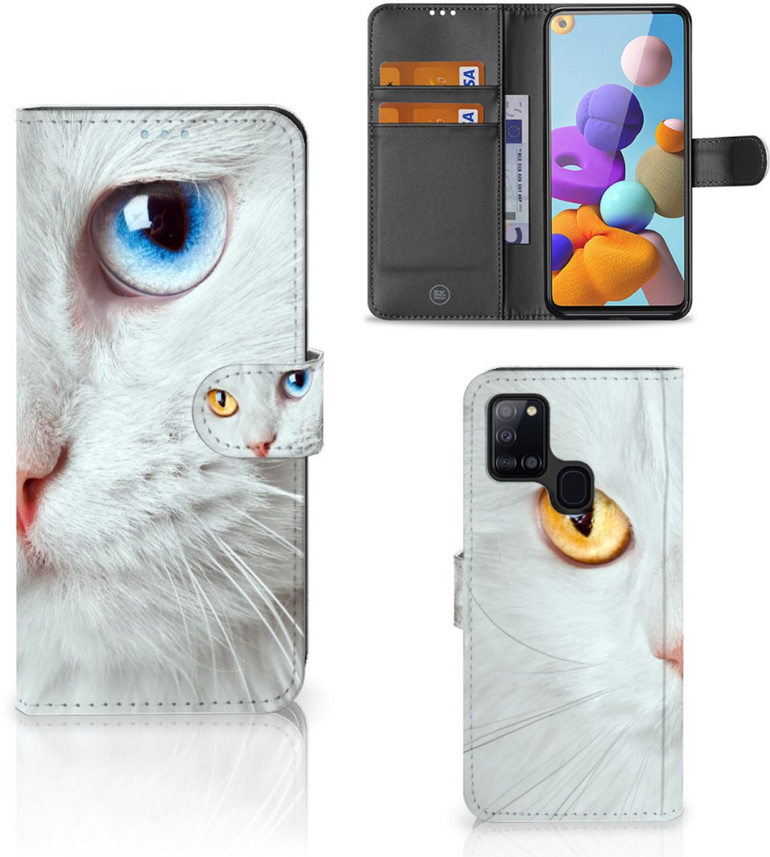 Samsung Galaxy A21s Telefoonhoesje met Pasjes Witte Kat
