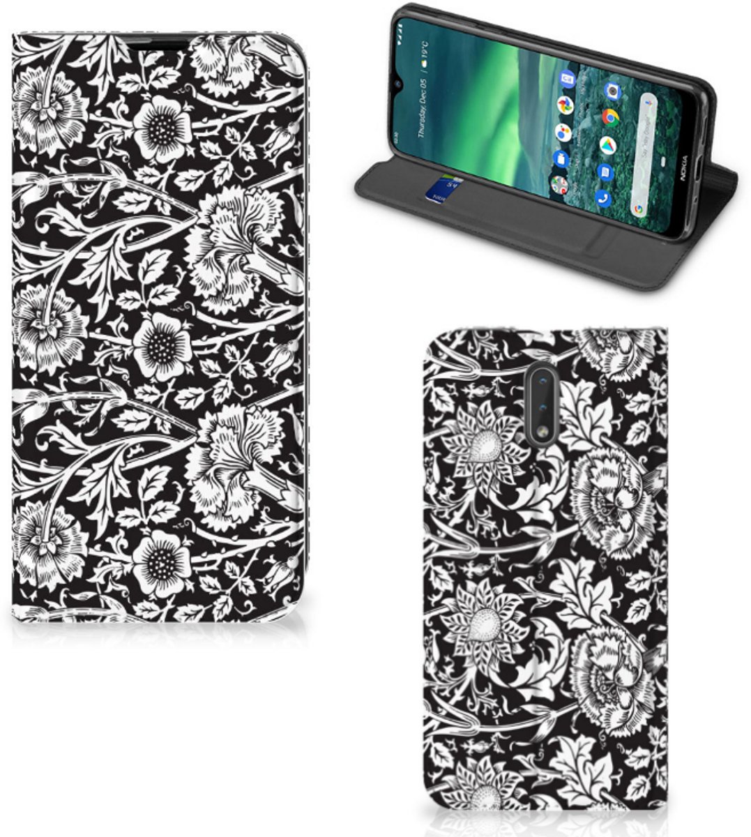 Book Case voor Nokia 2.3 Smart Cover Black Flowers