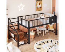MIVRAY Laag Hoogslaper 90x200 cm - Met Opbergladder En Ruimte Onder Bed - Voor Kinderkamer En Tienerkamer - Metaal - Zwart