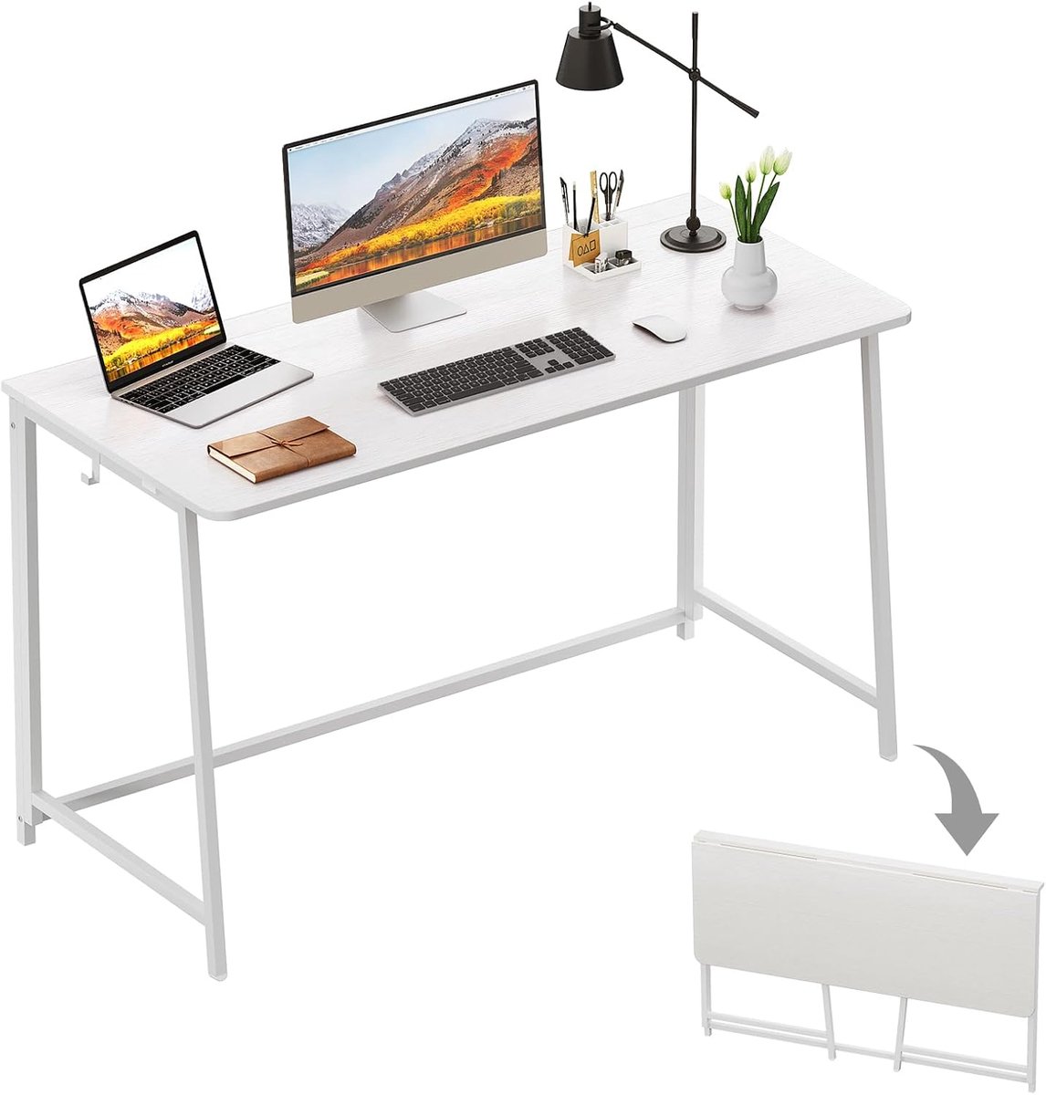 WOHOMO Opvouwbaar Bureau 120cm, Klein Vouwtafel Bureau voor Kleine Ruimtes, Computertafel Gamingtafel Schrijfwerkstation, Wit