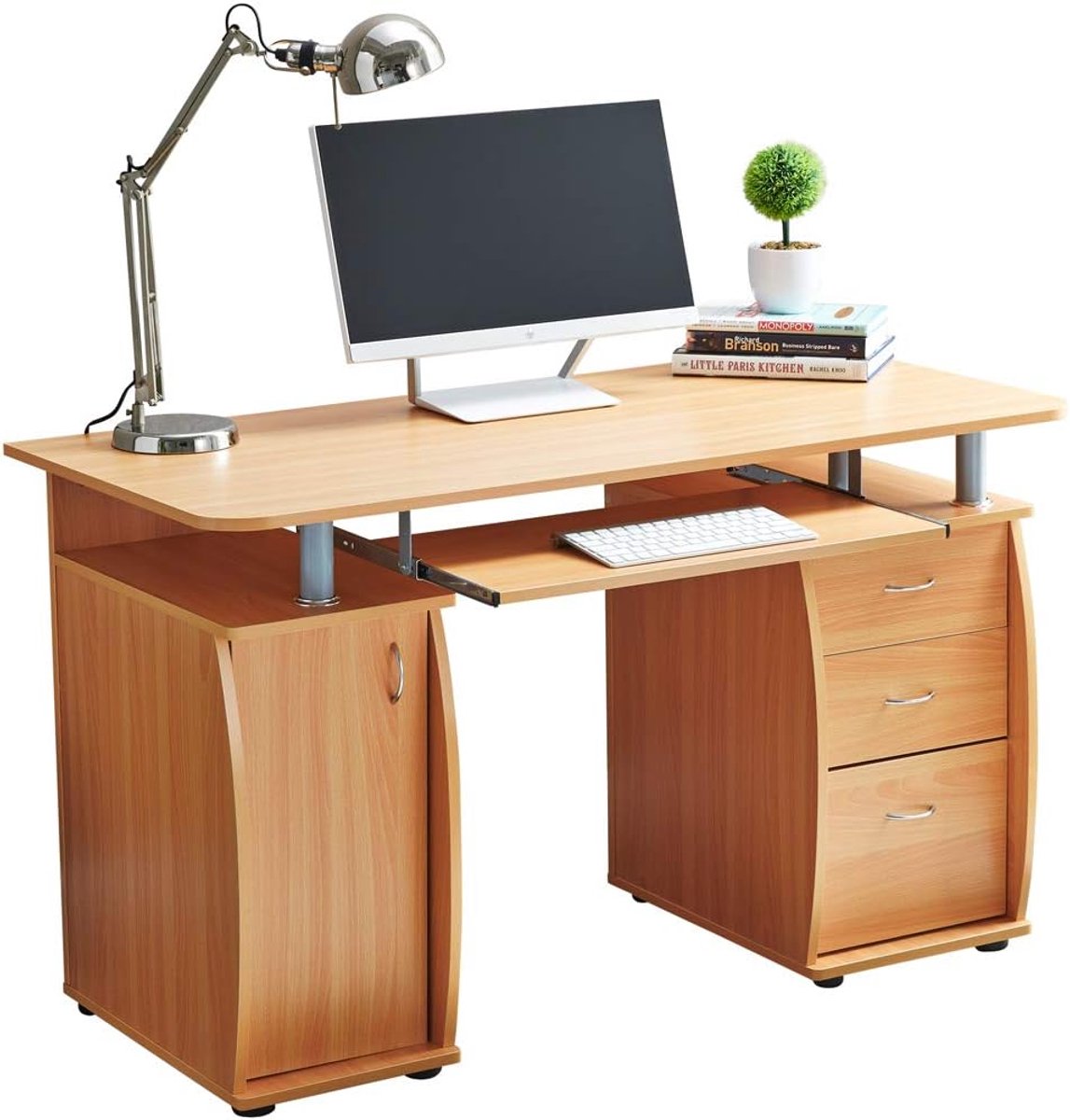 RayGar Beuken Deluxe Design Computer Bureau Met Kast En 3 Laden Voor Thuiskantoor Tafel Werkstation - Nieuw (Beuken)