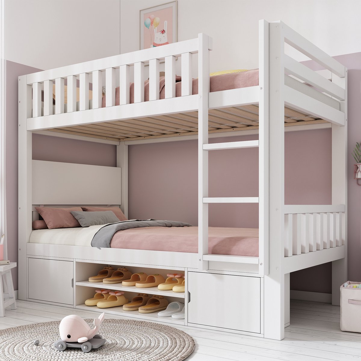 MIVRAY Stapelbed 90x200 Cm - Met Opklapbare Tafel En Geïntegreerd Schoenenrek - Met Opbergruimte - Hout - Wit- Zonder Matras