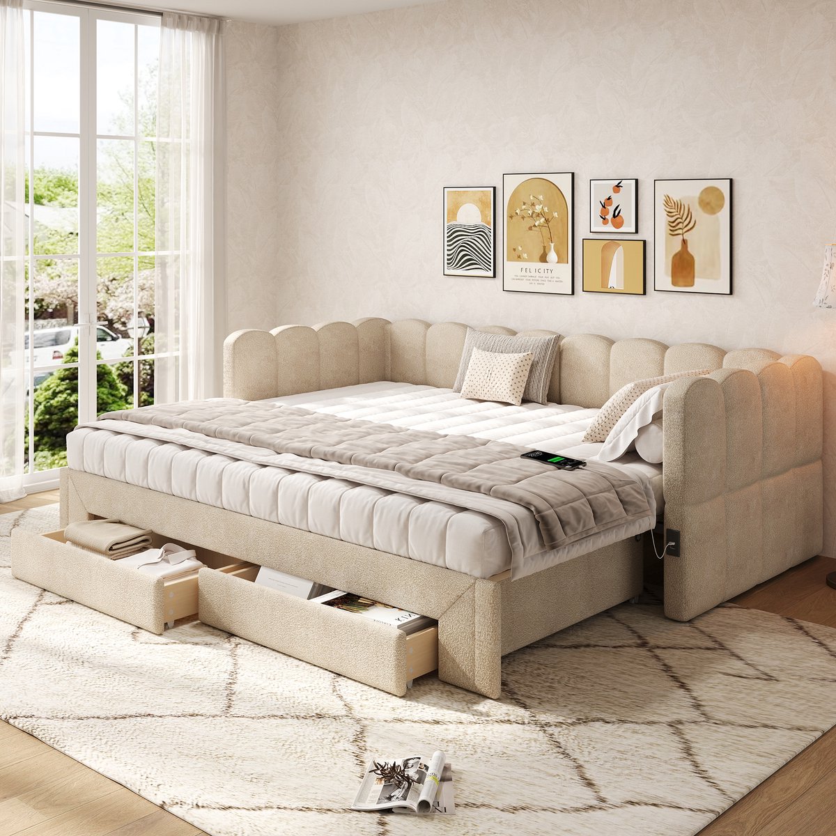 MIVRAY Bedbank 90x200 Cm - Uitschuifbaar Tot 180x200 Cm Met Opbergladen En Oplaadpoorten - Met Lattenbodem Zonder Matras - Chenille - Beige