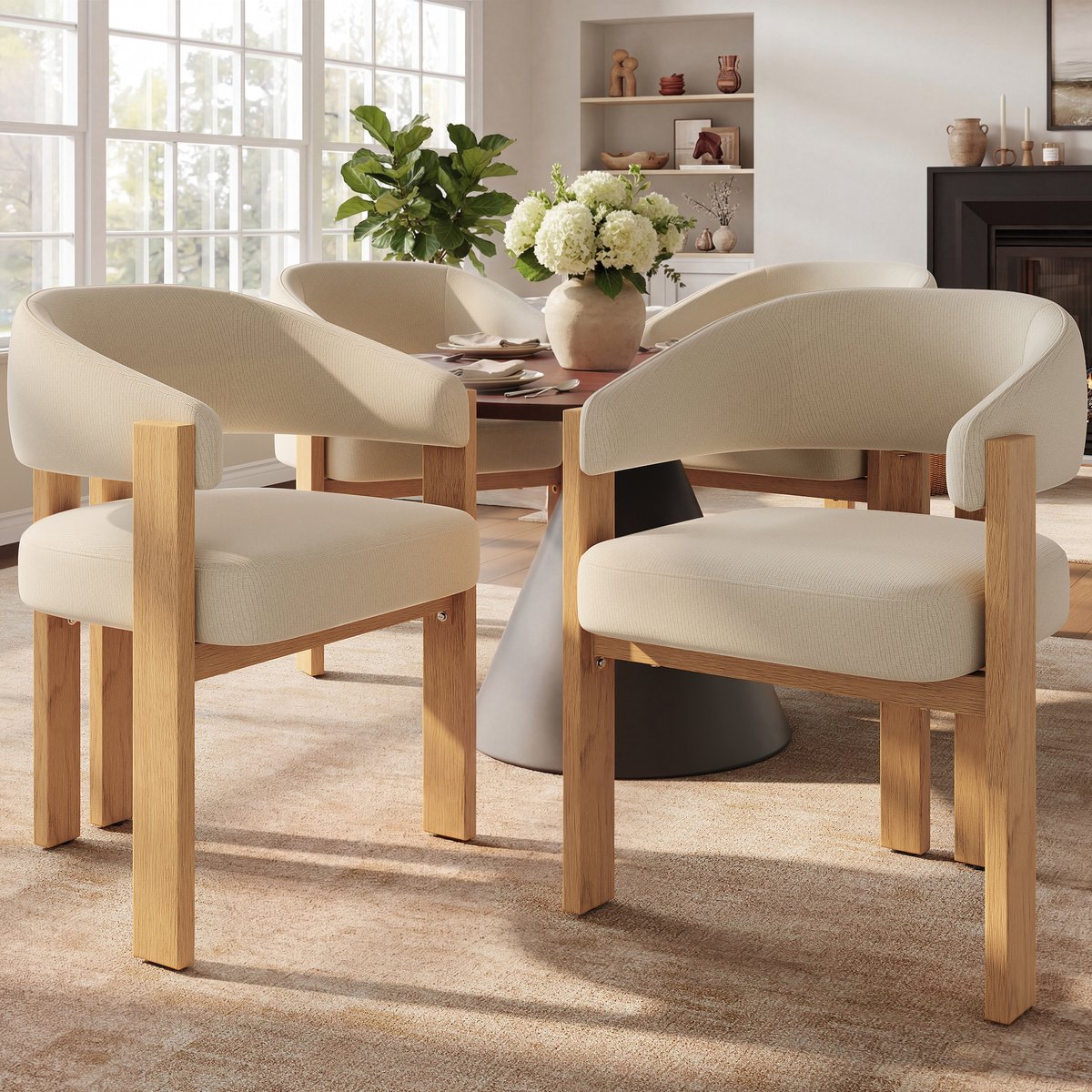 STILVORA Eetkamerstoel - Set Van 4 - Ergonomisch Met Dikke Zitting En Verstelbare Voetdoppen - Flanel Beige Naturel