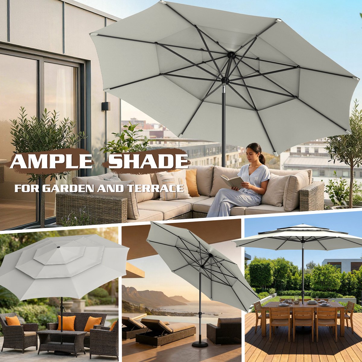 Soontrans - Stokparasol 300cm Tuin UV50+ - Balkonparasol Waterdicht - Parasol Tuin Terras met Opdraaisysteem - Strandparasol 8 Ribben - Parasol Tuin 30° Kantelbaar - Tuinparasol - Wit – foto 4