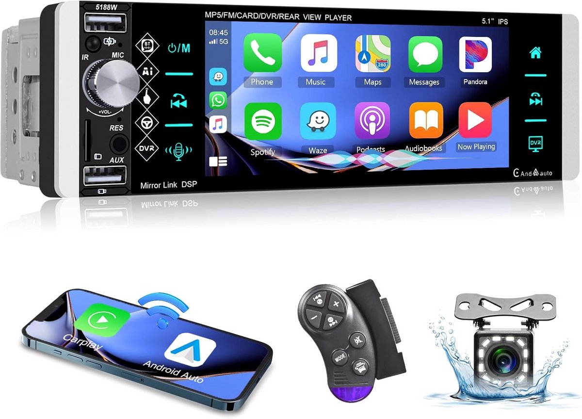 VECHTEL Autoradio, 1 Din met draadloze Carplay Android auto, 5,1 inch touchscreen, Bluetooth stereo auto, radio AM FM RDS, mirror link, USB/TF/AUX, achteruitrijcamera, microfoon