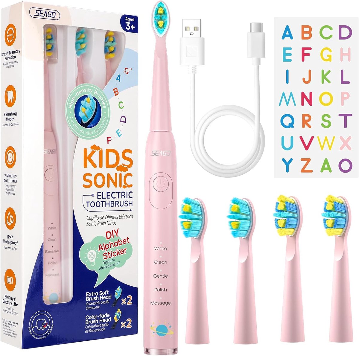 Elektrische Tandenborstel voor Kinderen met 4 Vervangbare Opzetborstels, 5 Poetsmodi en Waterdicht Ontwerp - Geschikt voor Leeftijd 6+