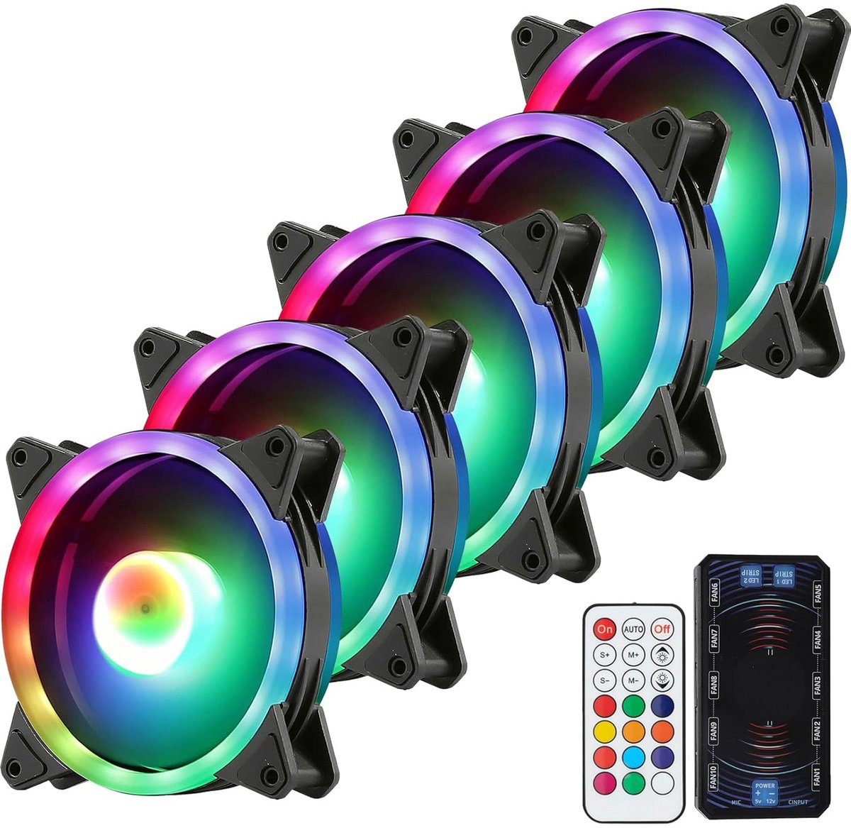 RGB Case Fan Set met Afstandsbediening - 5x 120MM Ventilatoren en Fan Control HUB