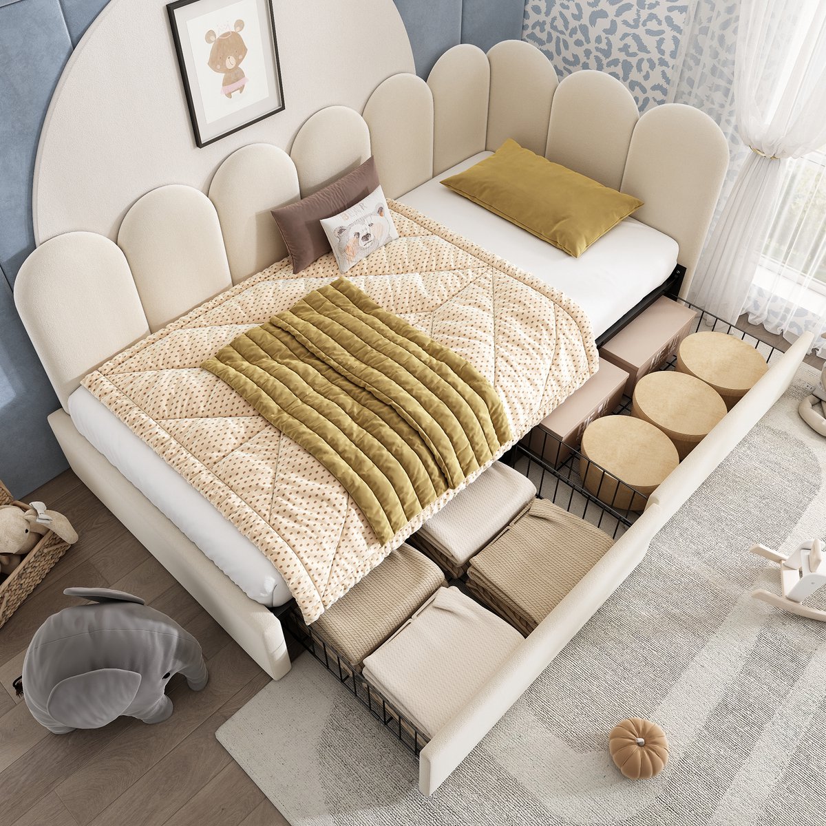 Wishdor Gestoffeerd Dagbed 90x200 cm - Bedbank met 2 Lades - Beige Fluweel - L-Vormig - Metalen Frame - Inclusief Lattenbodem - Logeerbed