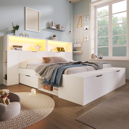 Wishdor – Tweepersoonsbed 140x200 cm – Led, USB-C & opbergruimte – Bedbank – Wit – Voor het perfect georganiseerde stel