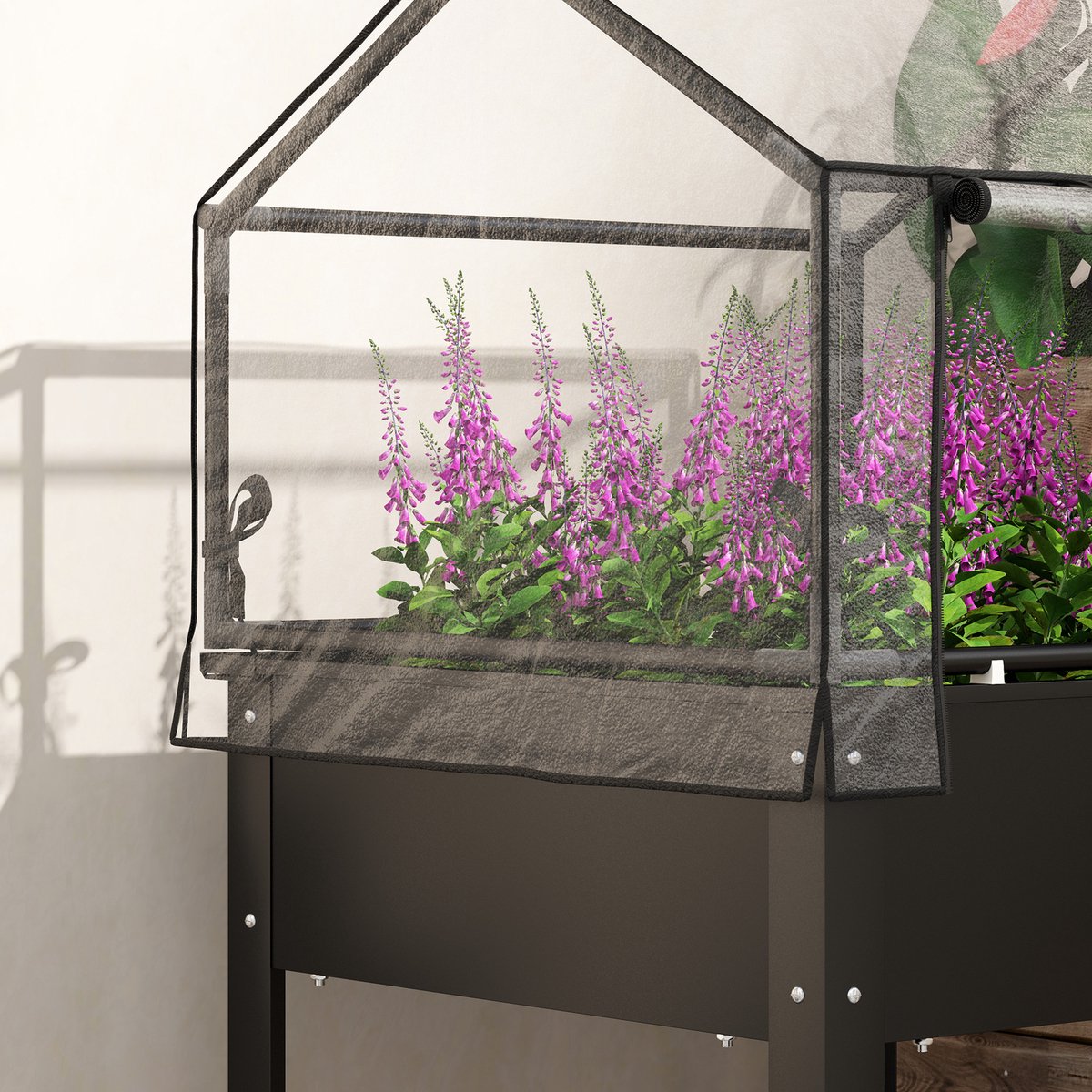 Wishdor Verhoogde Plantenbak Met Transparante Afdekking - Afvoergat - Staal - Zwart - 60 X 60 X 120 Cm