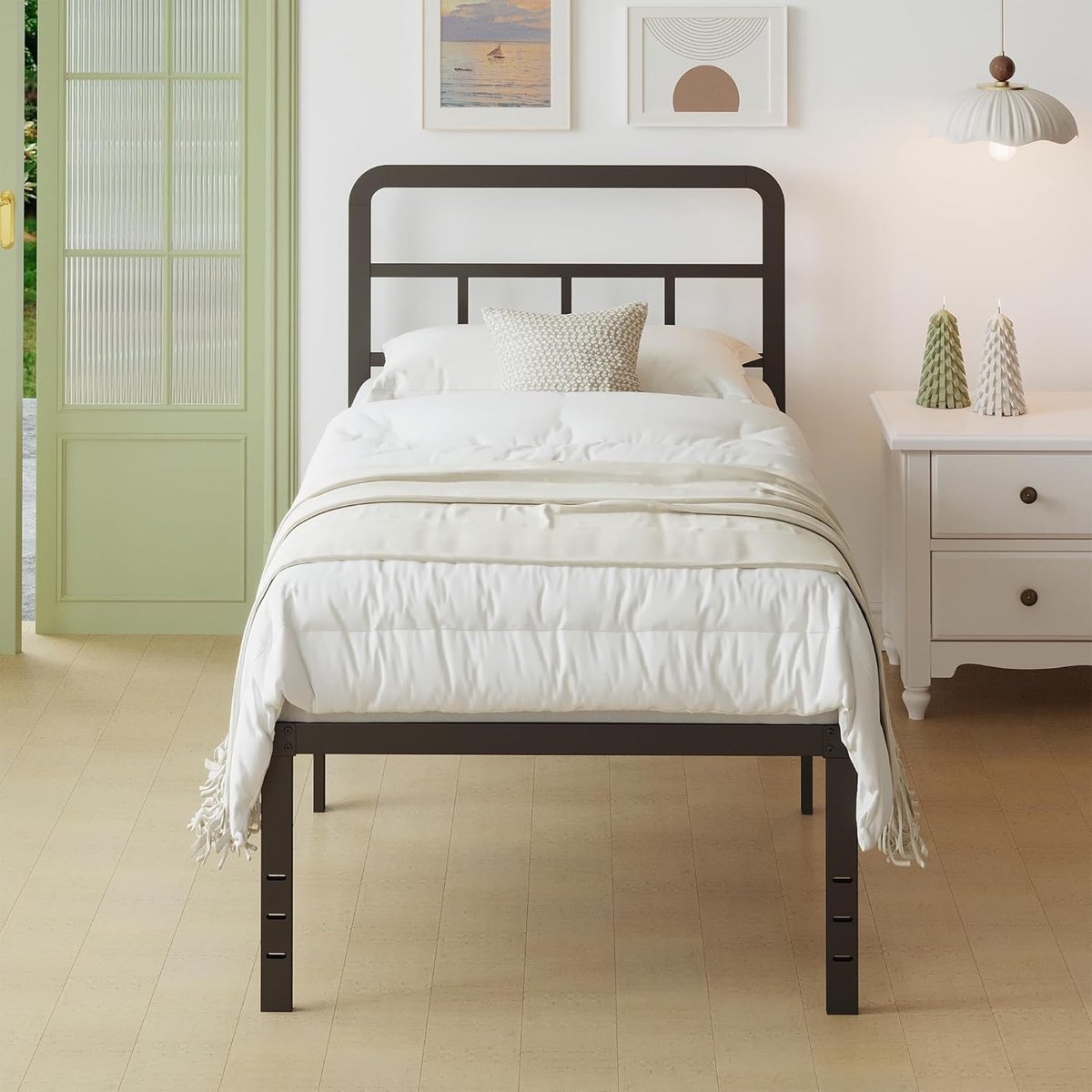 Metaal Bedframe 75x190cm met Gebogen Hoofdeinde – Stevige Bed met Opbergruimte en Eenvoudi