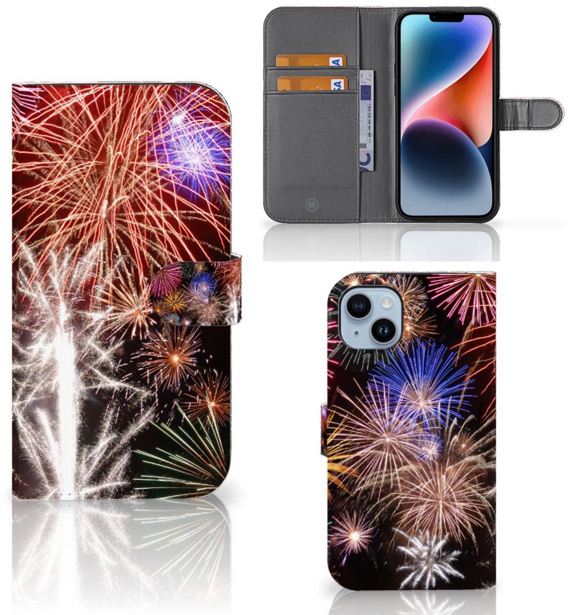Book Case voor iPhone 15 Plus Wallet Case met Pasjes Vuurwerk