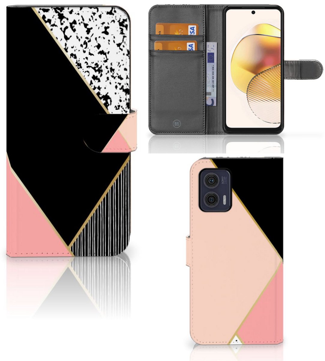 Motorola Moto G73 Book Case Zwart Roze Vormen