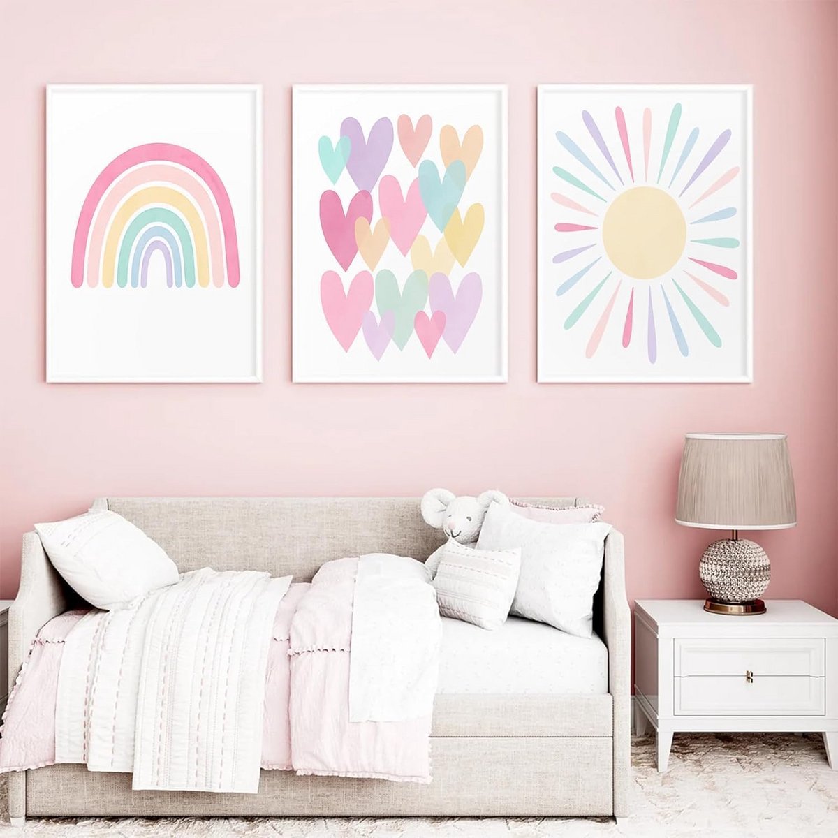 Roze Kinderkamer Muurkunst Set met Pastel Regenboog en Harten Posters voor Meisjes