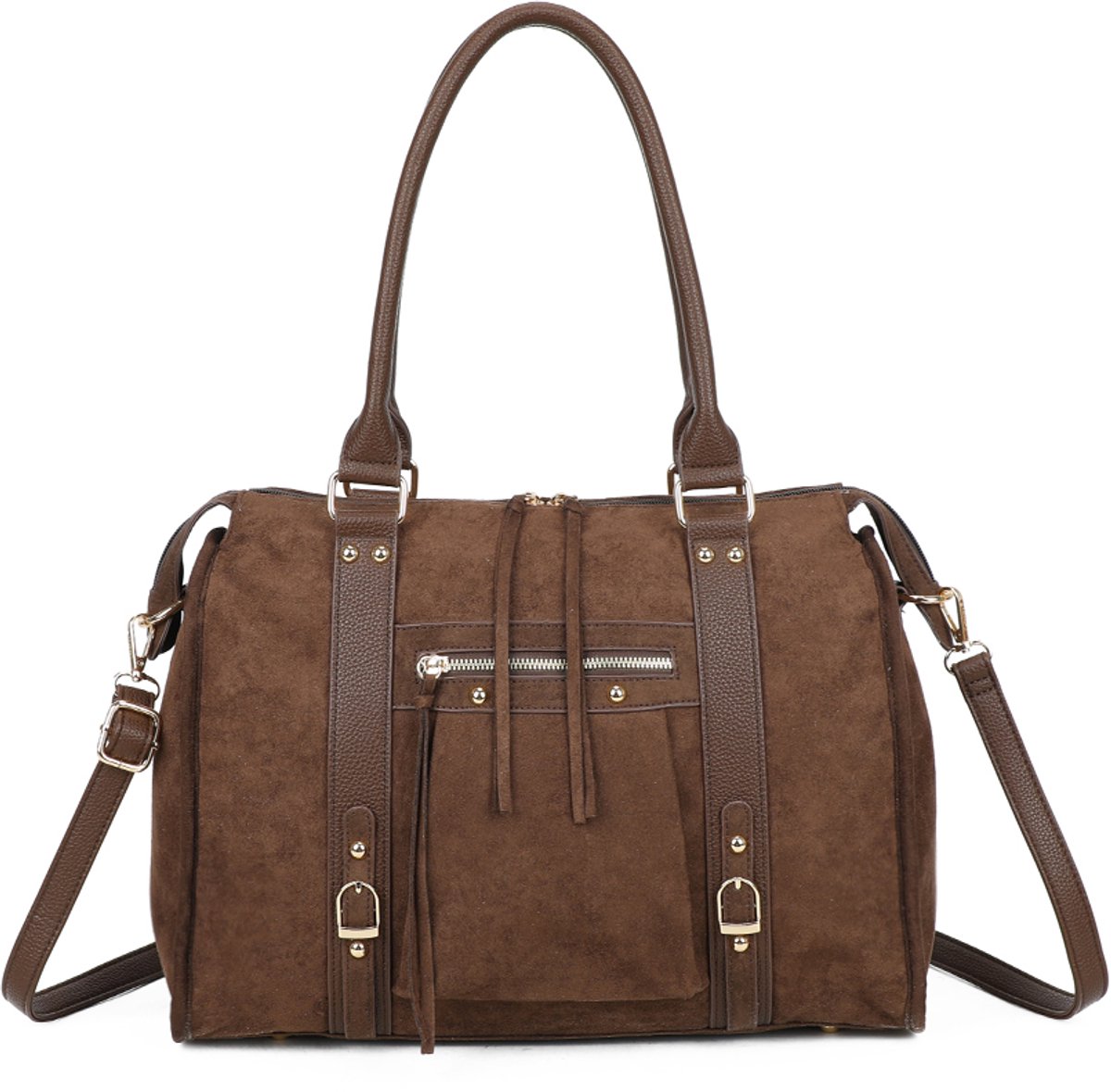 Gallantry® Dames Handtas – Grote Shopper Tas – Imitatie Suède Schoudertas – Ruime Werk Tas met Rits - Coffee