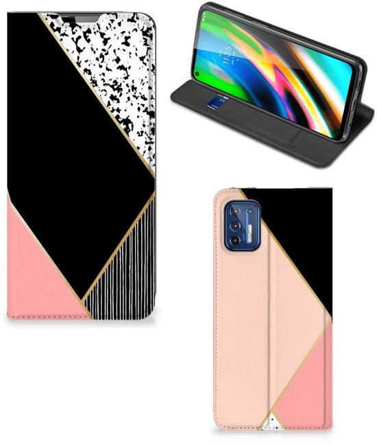 Etui Bookcase Motorola Moto G9 Plus Smart Cover Noir Formes Pink