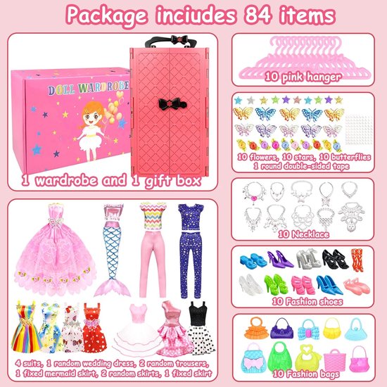 Poppenkleding en accessoires set met kast voor 11,5 inch poppen - Modeontwerpen voor meisjes van Merkloos — afbeelding 4