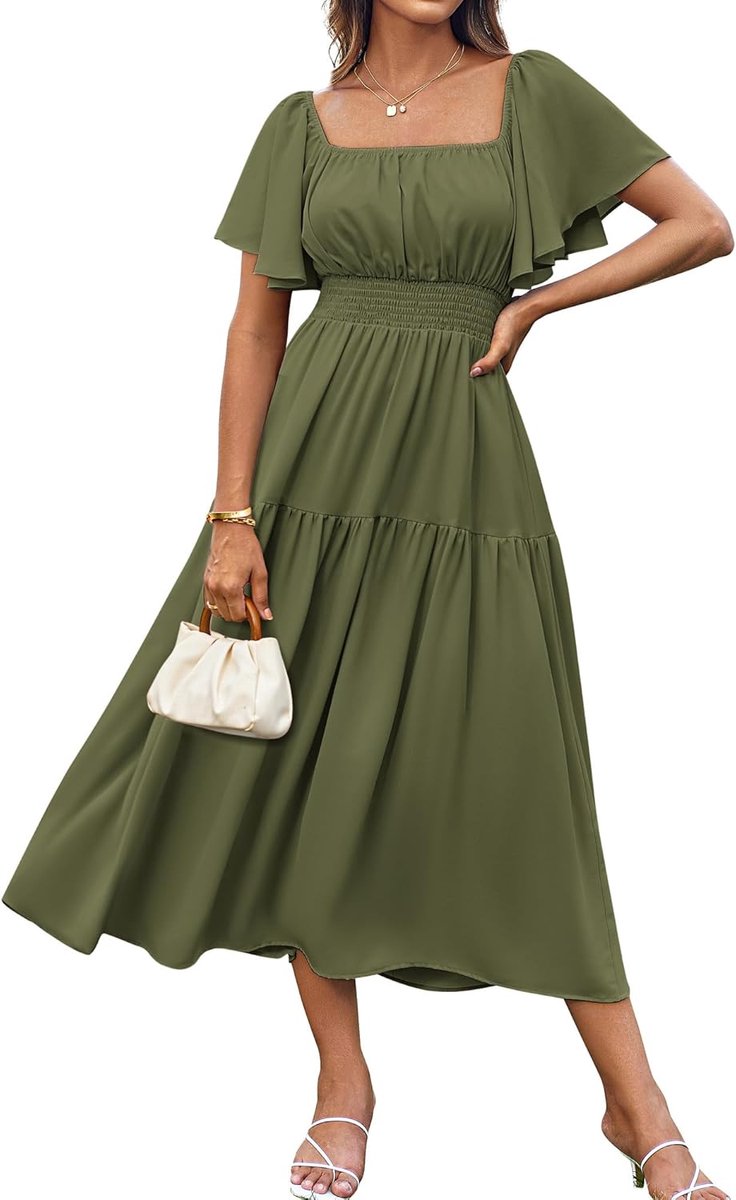 Dames Chique Elegante Lange Jurk met Pofmouwen en Vierkante Hals
