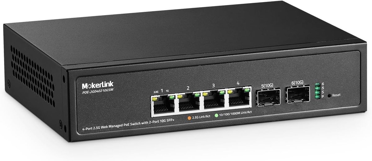 Managed PoE Netwerk Switch met 4x 2.5G poorten en 2x 10G SFP+ slots - Stille Desktop Switch