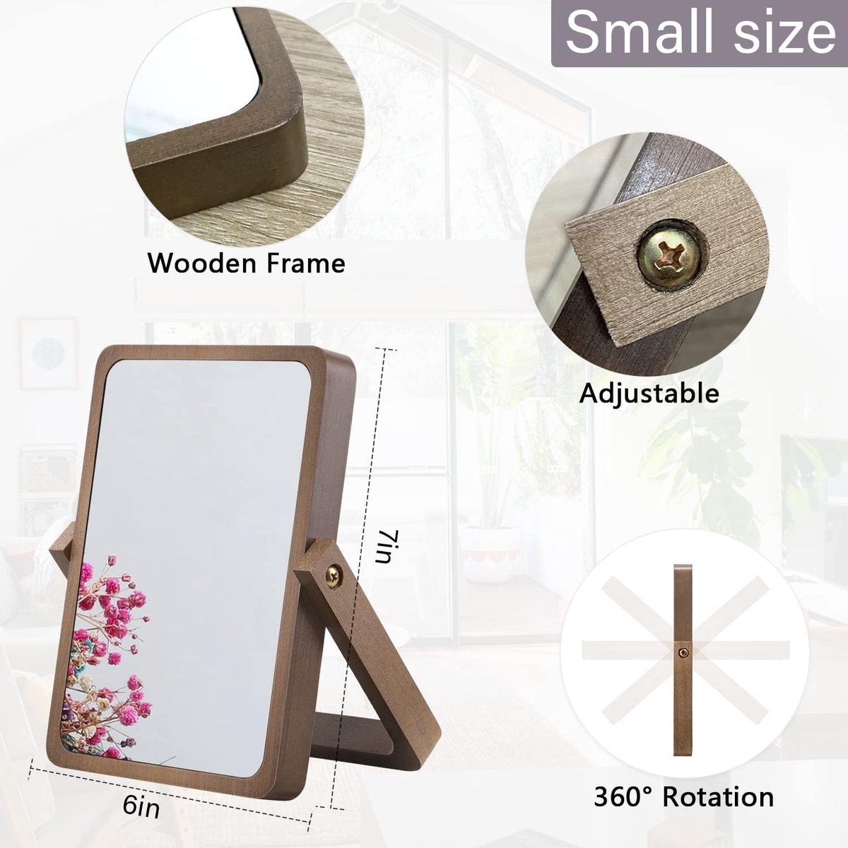 Make-up Spiegel - Tafelspiegel Bamboe - Make-up Aanbrengen - Verstelbare Hoek - 17.5 x 13 cm - Natuurlijk Hout