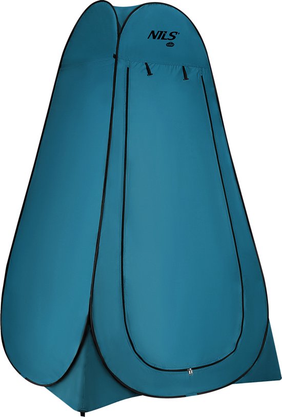 Turquoise privacy tent met zwarte biezen en ritssluiting.