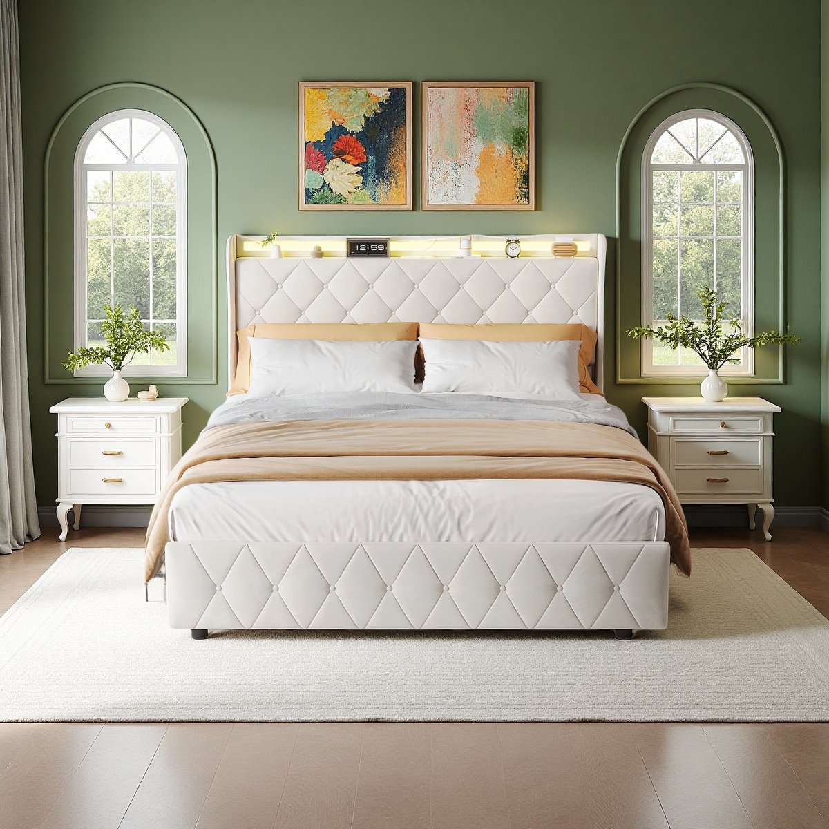 Gestoffeerd bed 140 x 200 cm, Opbergbed met 4 lades, Tweepersoonsbed met led- en usb-aansluiting, Continentaal bed, Beige flanellen