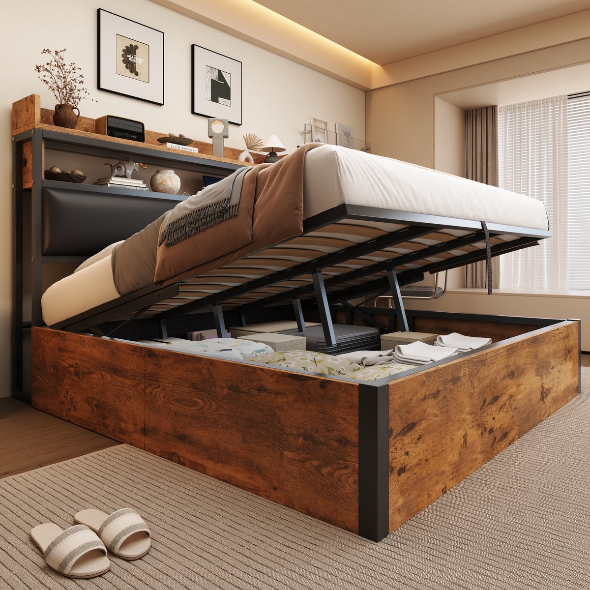 Wishdor Gestoffeerd Bed en Tweepersoonsbed met Hydraulische Opbergruimte en Boekenplank - 