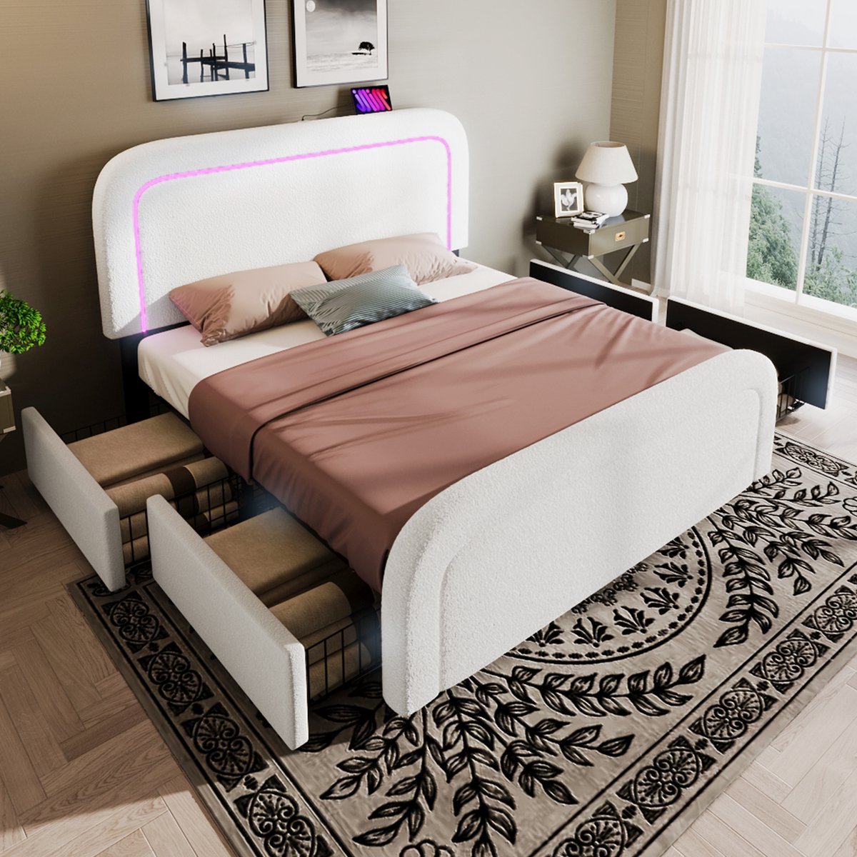 Wishdor – Tweepersoonsbed 140x200 cm – Matras, USB‑C & LED – 4 Lades – Verstelbaar Sherpa Hoofdbord – Wit