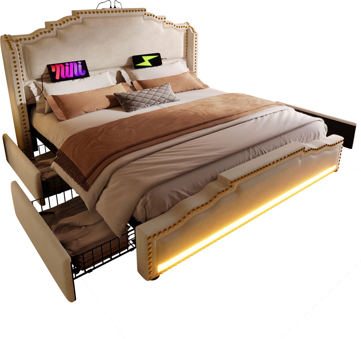 Wishdor - Gestoffeerd Bed - 4 Lades - Led En Usb-C - Vintage - Fluweel - Beige - 160 X 200 Cm
