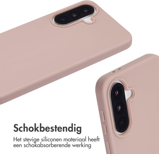 Close-up van een roze siliconen telefoonhoesje, met de achterkant en zijkant zichtbaar.