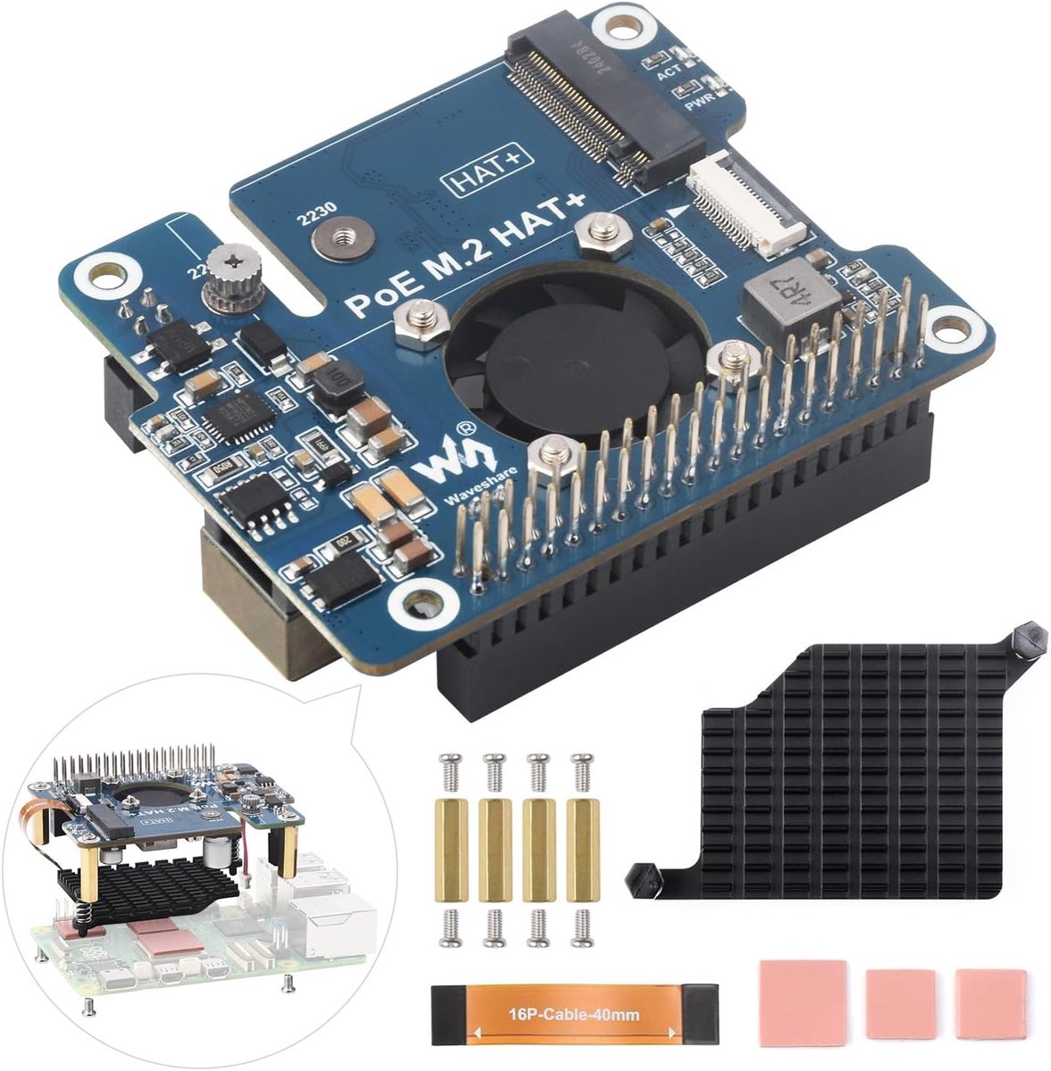 M.2 NVMe SSD Adapter met PoE voor Raspberry Pi 5 – PCIe naar M.2 HAT met Koeler
