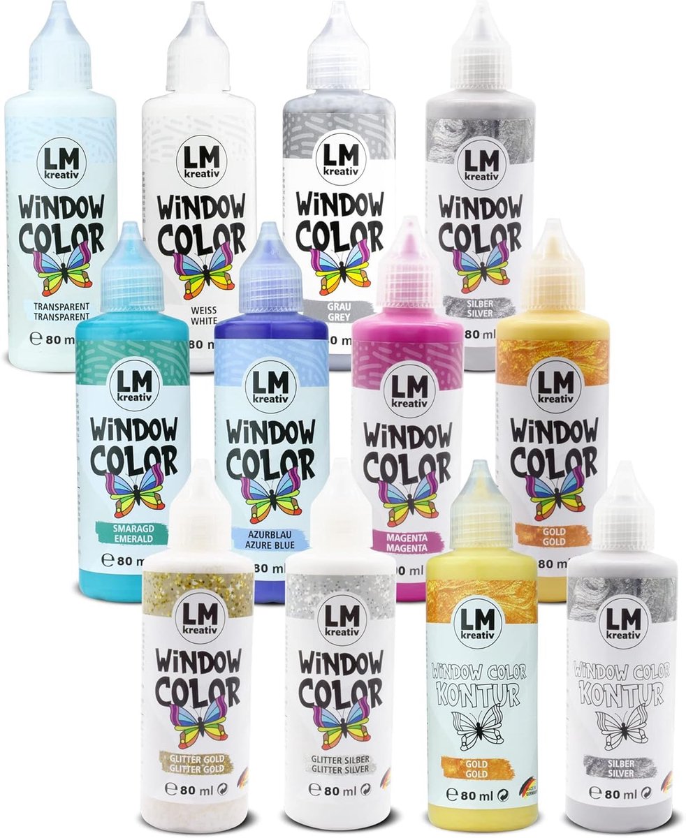 LM-Kreativ Raamverf set - Met Contourkleur - Glasverf voor knutselen - Magic Moments - 12 x 80 ml