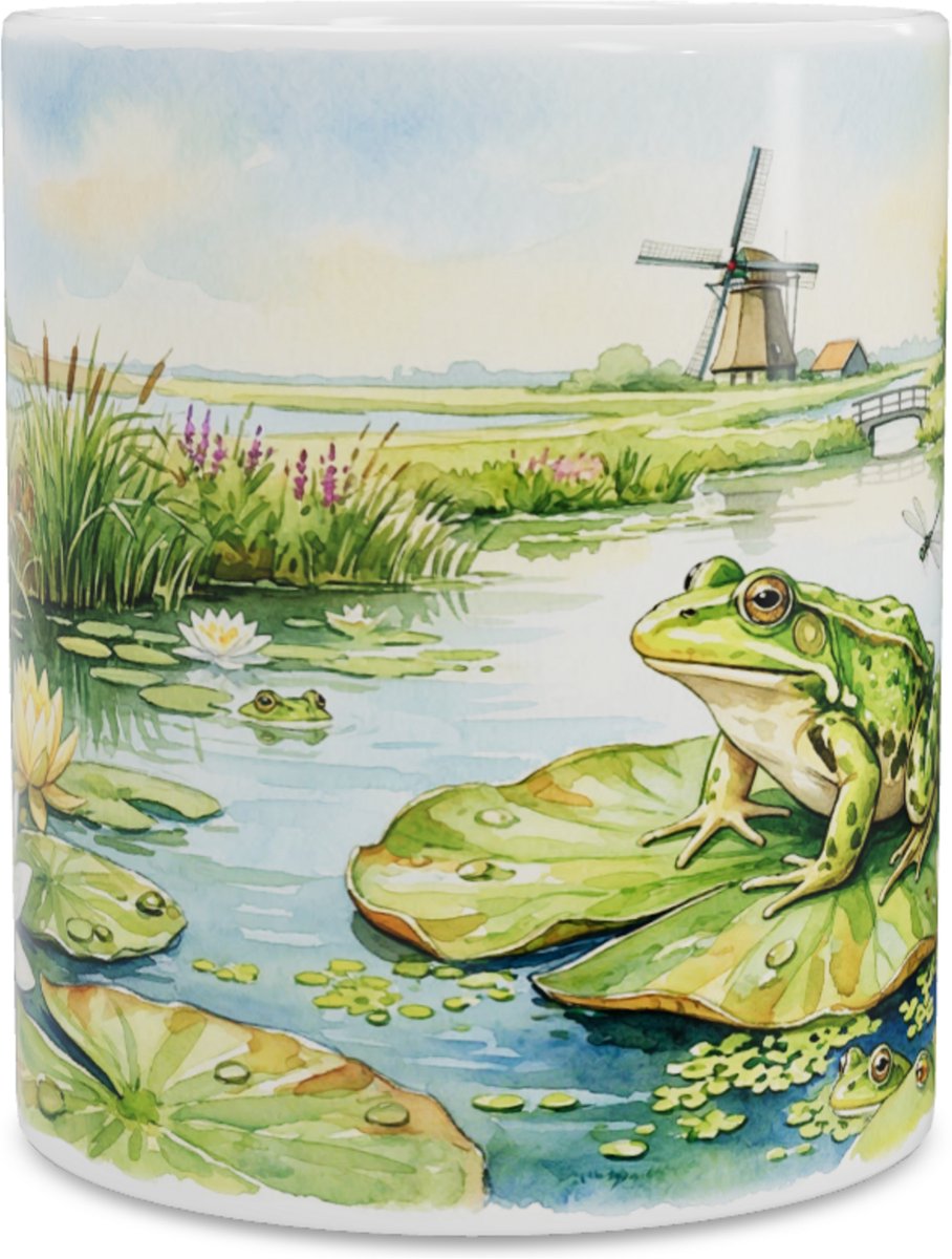Groene Kikker op Waterlelie "Aquarel Series" Mok - Vrolijke Hollands Waterlandschap Koffiemok met Molen - Unieke Theebeker voor Thuis & op het Kantoor - Cadeau voor haar: Vrouw, Vriendin of Collega