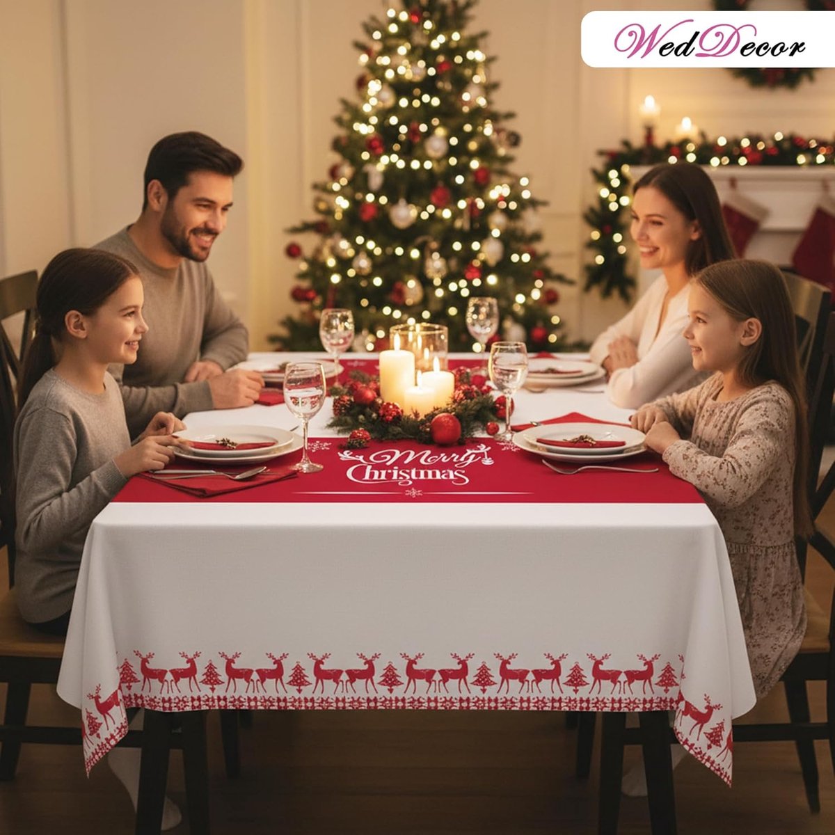 Rood tafelkleed met rendieren 90x140cm voor kerstdiner en winterse feesten