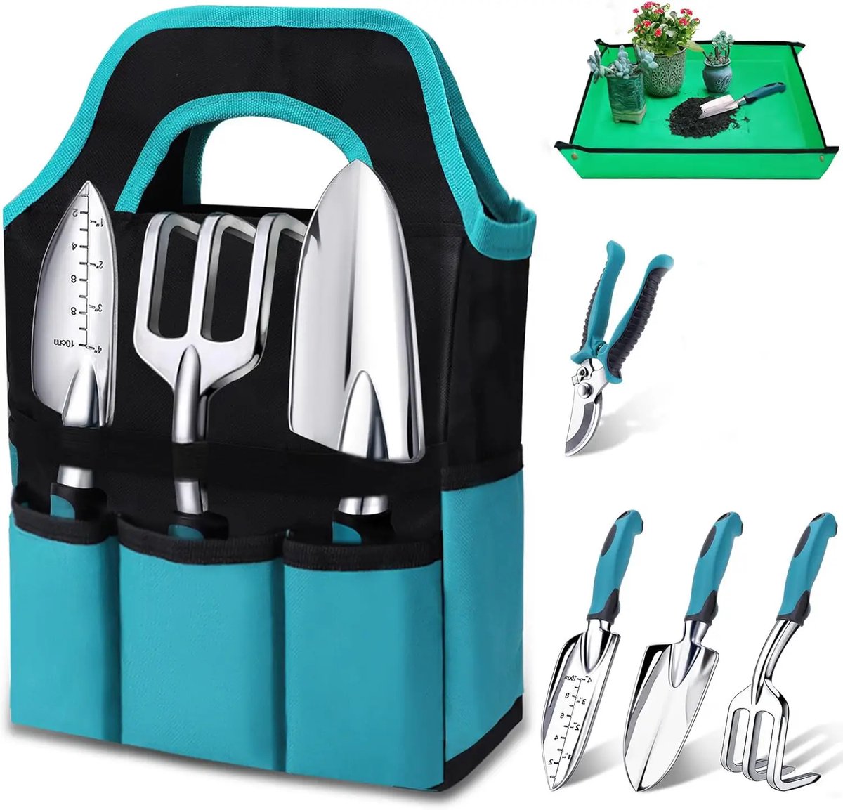 Luxe 6-delige Tuingereedschapset - Met Verpotmat & Opbergtas - Ergonomisch & Roestvrij - Tuingereedschap Cadeau - Diep-Cyaan