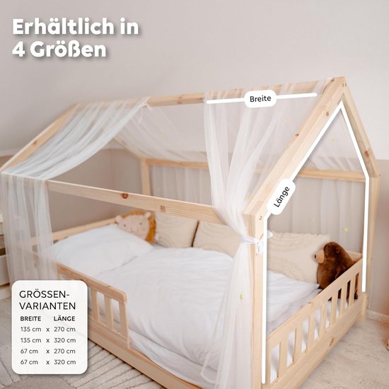 Houten bed met muskietennet, met afmetingen aangegeven. Verkrijgbaar in 4 maten.