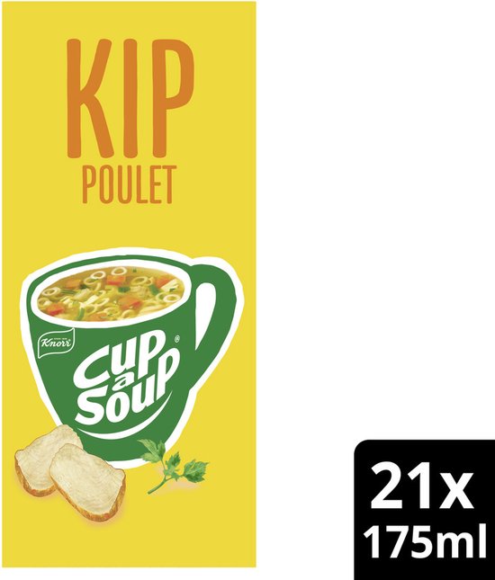 Knorr Cup-a-Soup Kip. Gele verpakking met illustratie van een kop soep, kipreepjes, groenten, croutons en peterselie. "KIP POULET" in oranje letters.