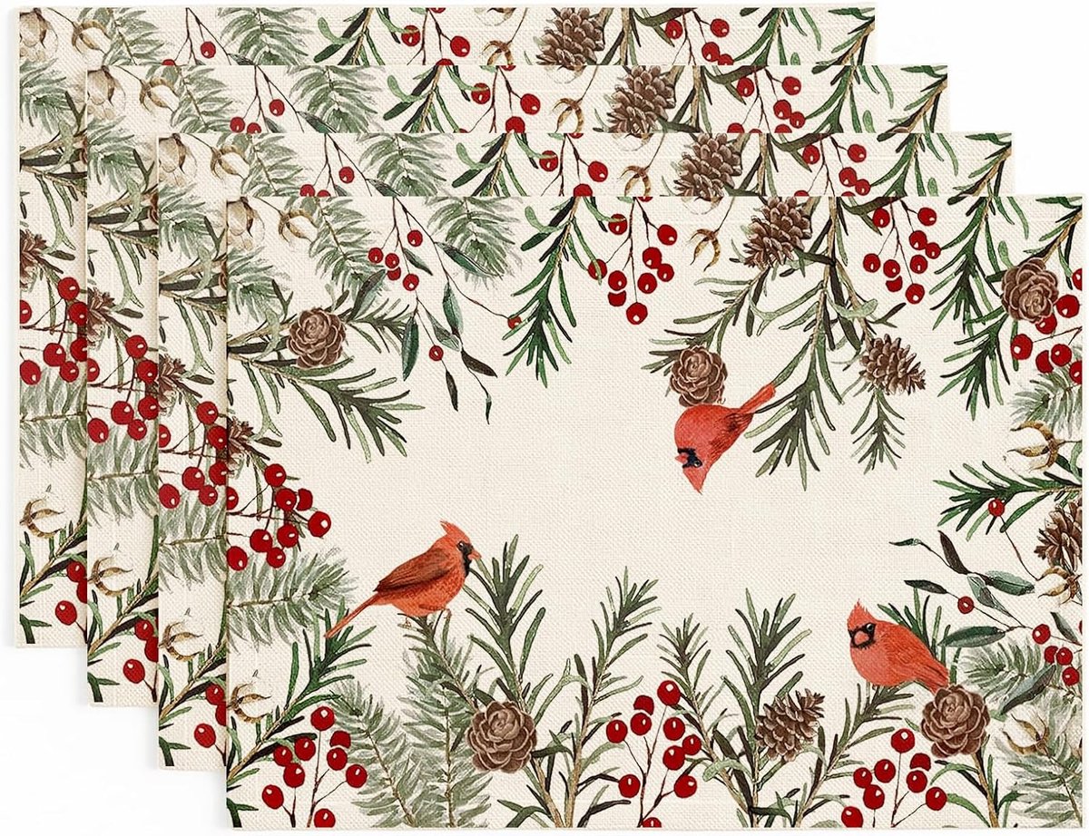 Placemat Set van 4 - 32x45 cm - Afwasbaar - Rood Ruitpatroon - Winter