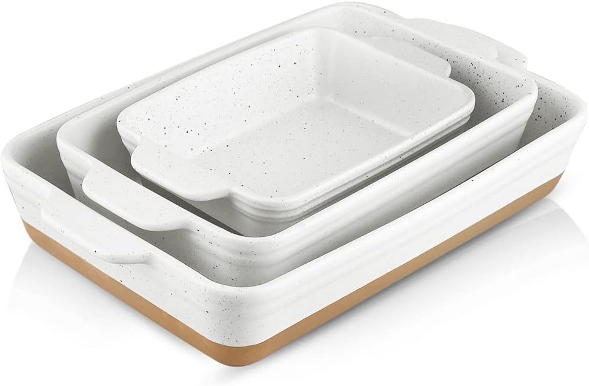 Keramische Ovenschotel Set - 3 Delige Diepe Bakvormen voor Lasagne en Ovenschotels (Wit)