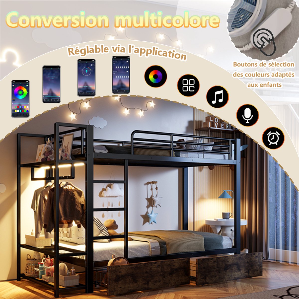 Wishdor Stapelbed 90 x 200 cm - 2 Lades en LED-App-Bediening - Meerdere Planken - Handige Geïntegreerde Droogstang - Multifunctioneel - Geschikt voor Kinder- en Tienerkamer - Stevig Zwart Frame - Metaal en MDF - Zwart