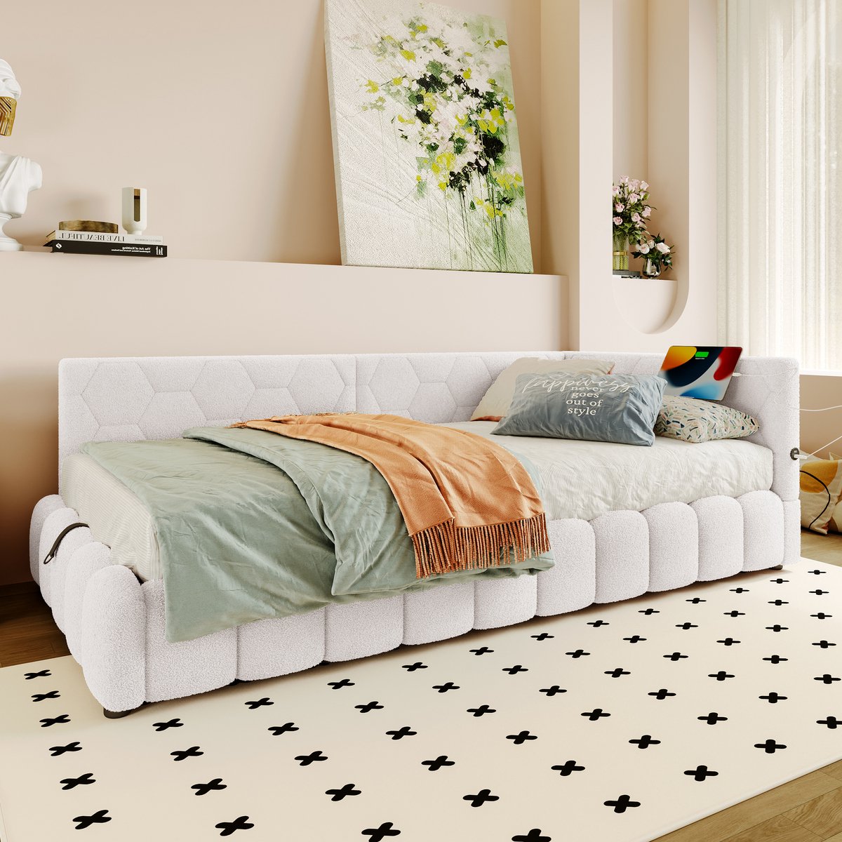 Wishdor Daybed 90x200 cm – Hydraulische opbergruimte, led, USB & Type-C – Vliesimitatie – Wit – Geometrische stijl met slimme opbergruimte