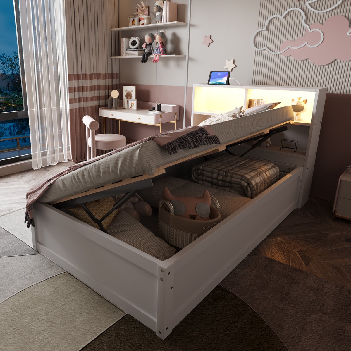 Wishdor – Eenpersoonsbed 90x200 cm – Opbergruimte, stopcontact & led – Hout – Wit – De geo
