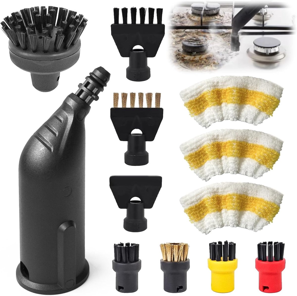 Geschikt voor 12 stuks stoomreinigeraccessoires compatibel met Kärcher SC1 SC2 SC3 SC4 SC5 SC7 CTK10 CTK20 – ronde borstels, mondstukken, verlengbuis en stoommantel voor efficiënte stoomreiniging-Belle's product